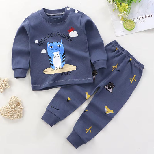 Cute Kids Cartoon Cat Fleece Co-ord Set with cartoon cat design, featuring a long-sleeve shirt and matching pants for summer comfort. 800