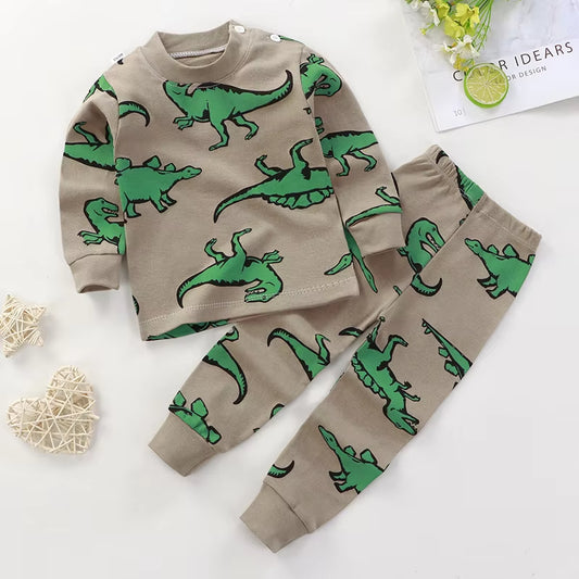 Toddler Kids Dinosaur Print Fleece Co-ord Set featuring a long-sleeve top and matching pants in beige and green. 800