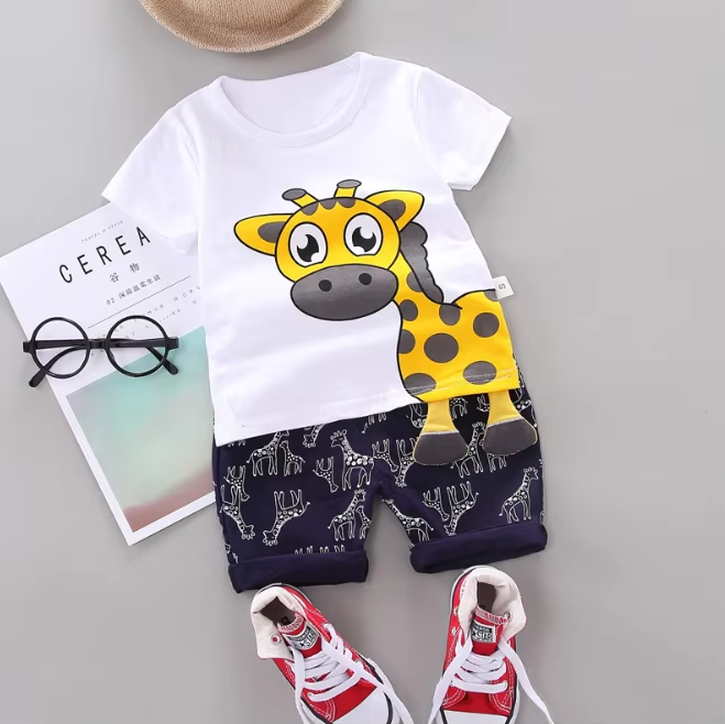 Boys' t-shirt and pants set featuring a playful giraffe graphic and fun animal print shorts - Boys TShirt and Pants Set