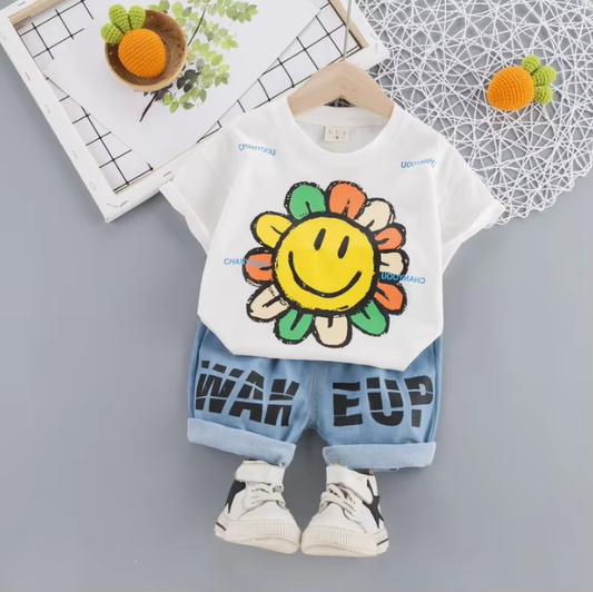 Trendy boys T-shirt and denim shorts set featuring a cheerful sunflower graphic and bold text for summer fun - Boys TShirt and Pants Set 660