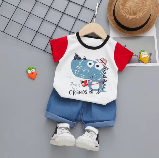 Vibrant boys' t-shirt with animal graphic and denim shorts, perfect for summer playdates and outings - Boys TShirt and Pants Set 658