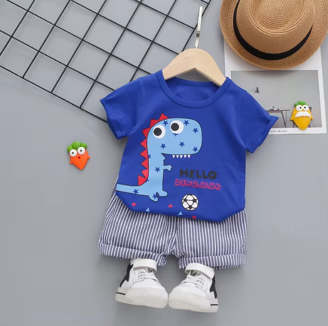 Blue dinosaur t-shirt with striped shorts for boys, perfect for summer playdates and outdoor fun - Boys TShirt and Pants Set