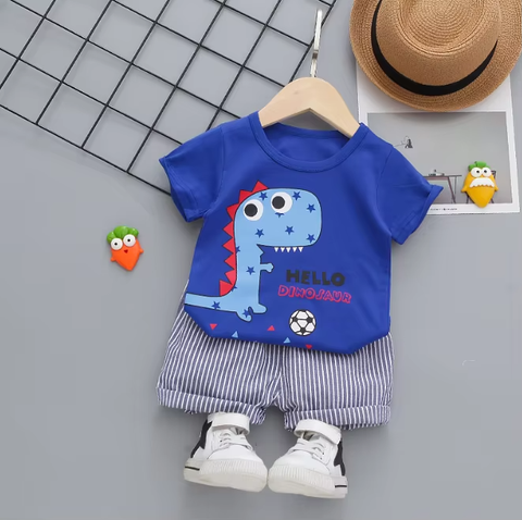 Blue dinosaur t-shirt with striped shorts for boys, perfect for summer playdates and outdoor fun - Boys TShirt and Pants Set