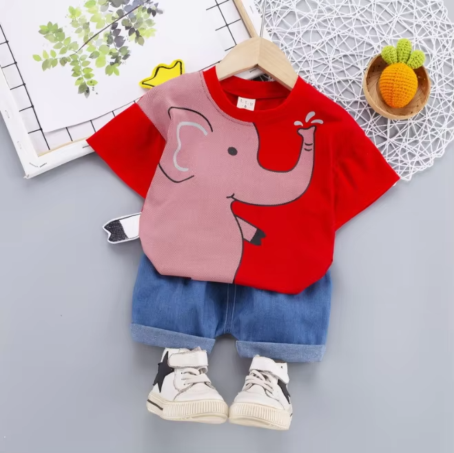 Red t-shirt with cute elephant graphic paired with blue denim shorts for boys' summer outfit - Boys TShirt and Pants Set