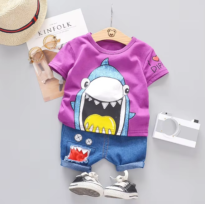 Vibrant boys' t-shirt and shorts set featuring a fun shark graphic, perfect for summer playdates. - Boys TShirt and Pants Set