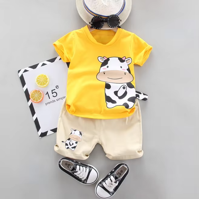  GleeSpace Bright Yellow T-Shirt with Cow Graphic and Beige Shorts - Boys TShirt and Pants Set