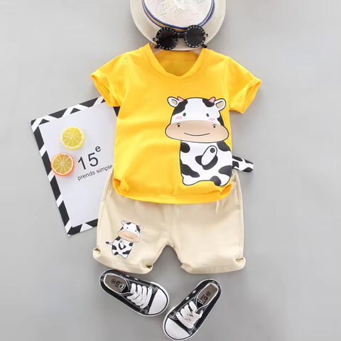  GleeSpace Bright Yellow T-Shirt with Cow Graphic and Beige Shorts - Boys TShirt and Pants Set